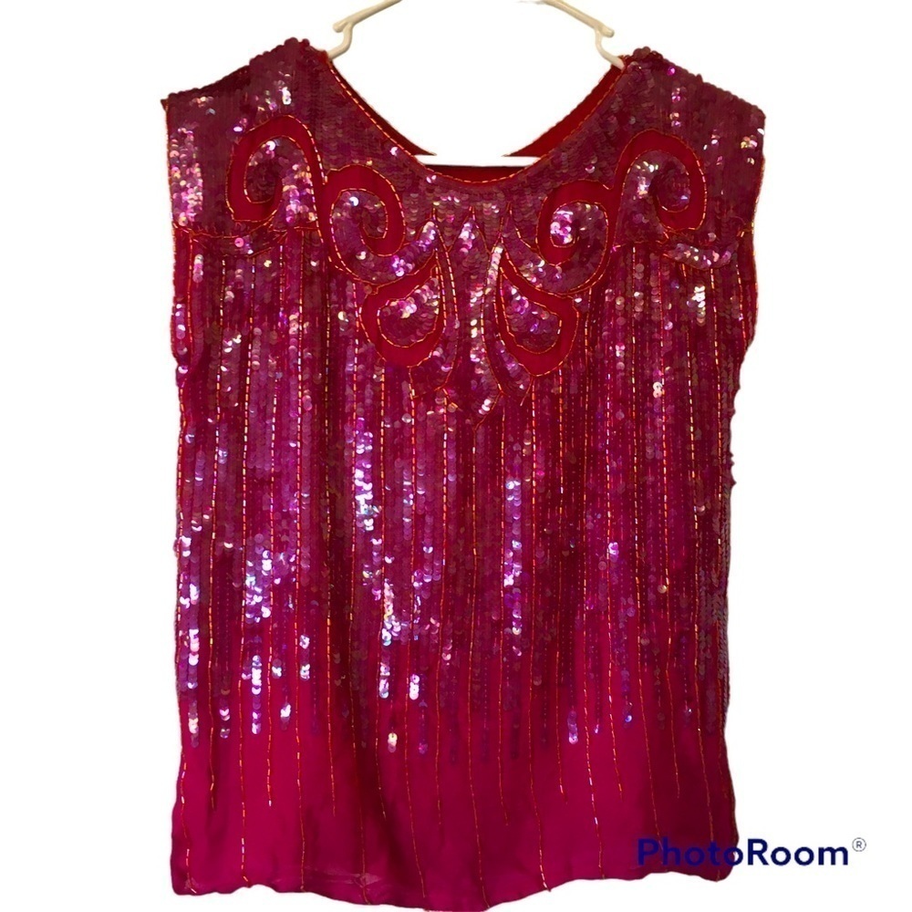 Star Group beautiful silk beaded and sequin top small hot pink boho vintage